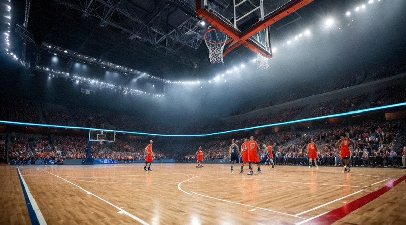 室内篮球馆中进行的职业篮球比赛现场